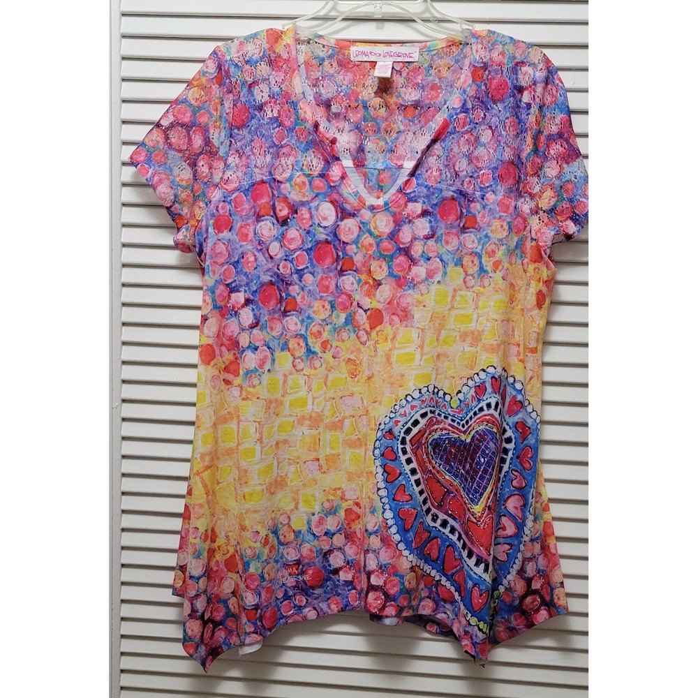 Boho hippie retro look Large Heart Art Print Lace V-Neck Tunic Sharkbite Top L